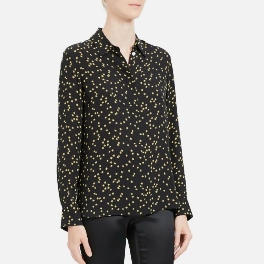 Theory Button Up Silk Blouse in Yellow Star Print